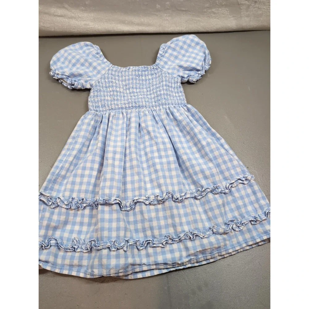 The Children's Place Girls Blue White Gingham Smocked Puff Sleeve Dress Size 5/6